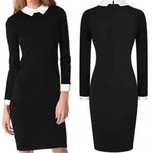 White Collared Black Long Sleeve Pencil Dress Mult. Sizes New